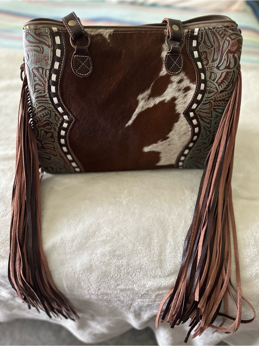 Myra Bag Brown and White Cowhide Tooled Fringe Shoulder Bag